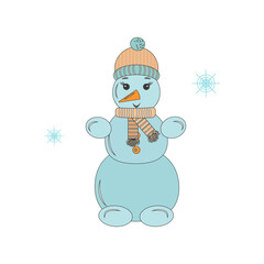 snowman in a hat and scarf doodle style. Funny vector illustration. Invitation template for banner design. Festive Christmas background.