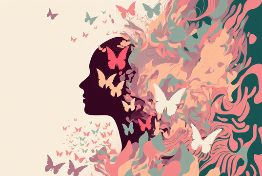 Female profile silhouette with butterflies and plants. AI generated image.
