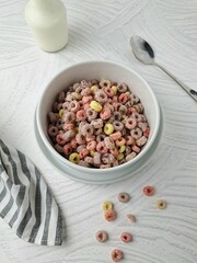 Simple breakfast with cereal and milk