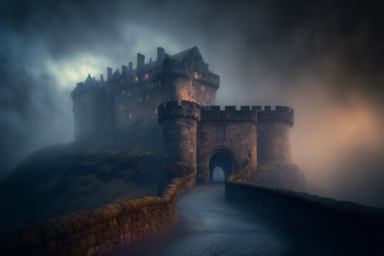 Medieval Castle in Scotland, Foggy, Generative AI