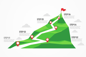 Path on mountain infographic to success. Six step mountain. Business strategy and target. climbing route to goal. business and achievement concept. red flag on top. vector illustration. - obrazy, fototapety, plakaty