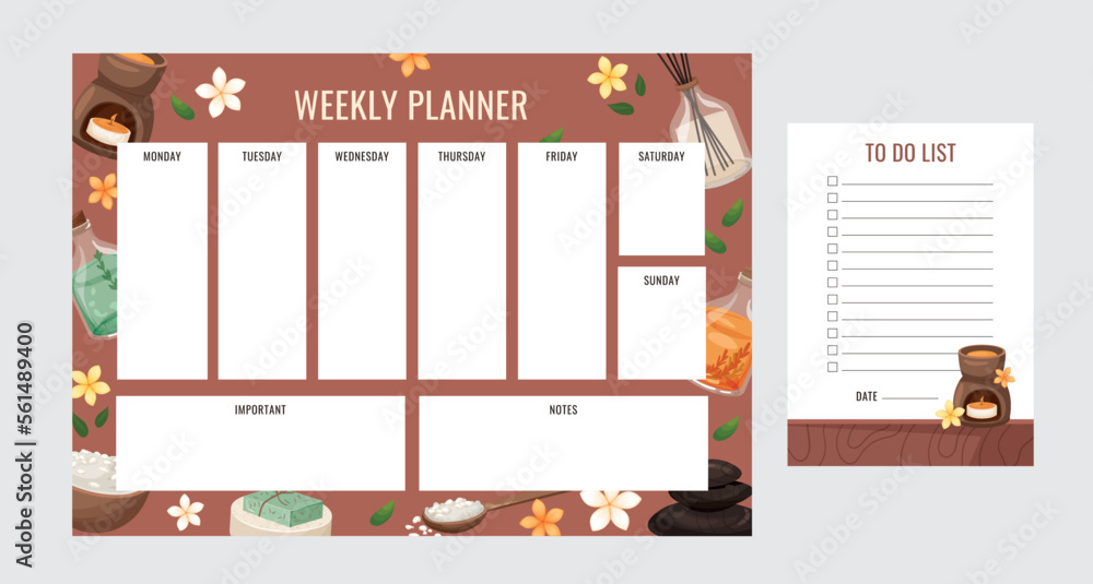 Poster horizontal personal weekly planner, to do list template. design page with cosmetic bottles, spa rela