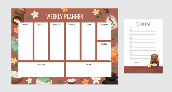 Horizontal personal weekly planner, to do list template. Design page with cosmetic bottles, spa relax elements. Schedule for 7 days of the week, notes and impotant task printable