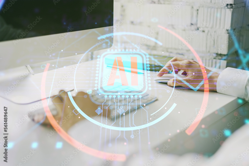 Poster double exposure of creative artificial intelligence abbreviation with hand typing on computer keyboa