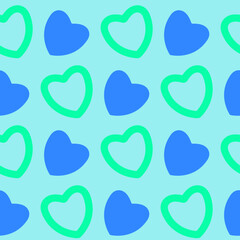 Pattern with empty and filled hearts in blue and mint colors on a light blue background. Seamless background for the design of romantic cards, covers, wallpapers, posters, flyers, gift wrapping, etc. 