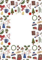 Illustration pour carte, invitation de noël, petite place au centre pour écrire. Contour décoratif sur le thème des fêtes de fin d’année. Couleur traditionnelle de noël: rouge, vert, doré. 