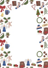 Illustration pour carte, invitation de noël, place au centre pour écrire. Contour décoratif sur le thème des fêtes de fin d’année. 