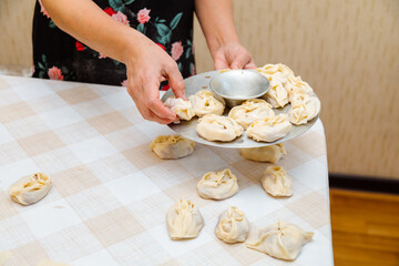 Obraz na płótnie Canvas Closeup of raw manti (dumplings) on a plate