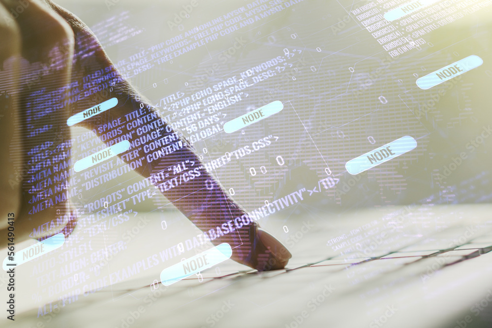 Aufkleber double exposure of abstract programming language hologram with world map and hands typing on laptop 