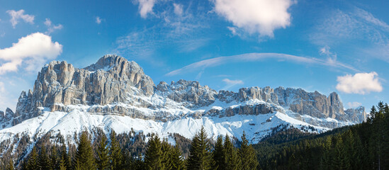 Beautiful winter rocky mountain panorama. View from the Great Dolomites Road (Grande Giro delle...