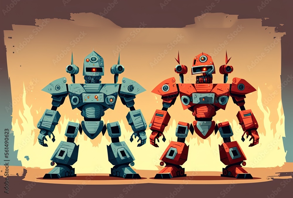 Poster cartoon banner depicting an evolving robot army at war generative ai