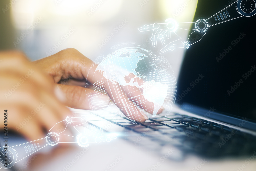 Aufkleber creative abstract robotics technology hologram with globe and hands typing on computer keyboard on b