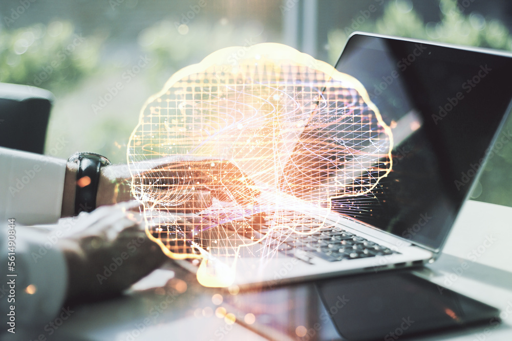 Poster double exposure of creative artificial intelligence symbol with hands typing on laptop on background