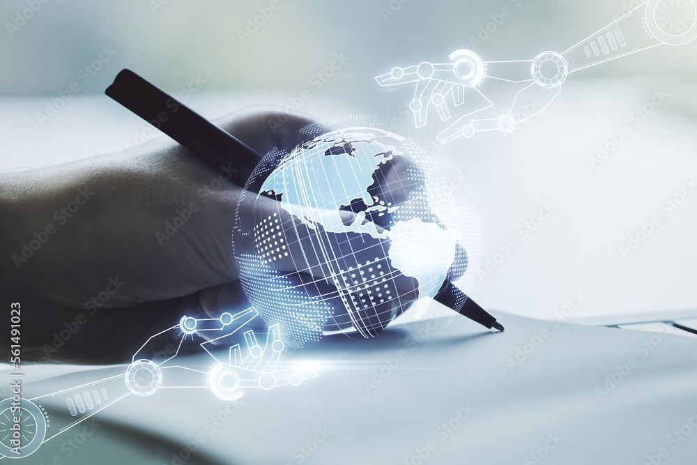 Aufkleber creative concept of robotics technology with globe sketch and man hand writing in notebook on backgr
