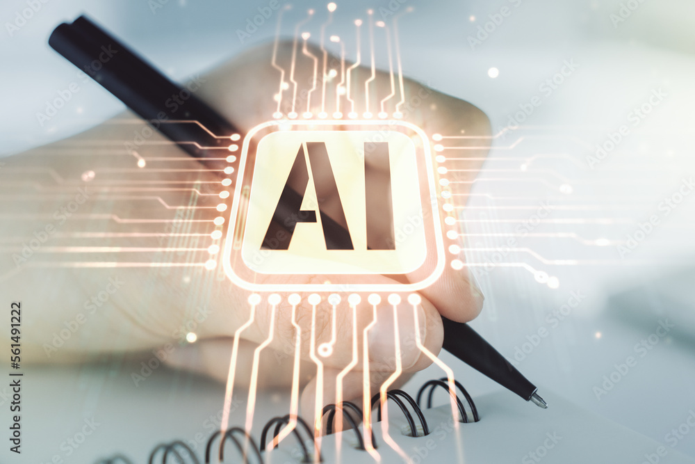 Poster creative artificial intelligence symbol concept with man hand writing in notebook on background. mul