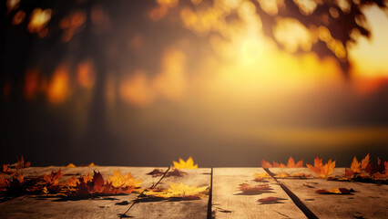 Naklejka na ściany i meble Autumn Table - Orange Leaves And Wooden Plank At Sunset In Defocused Forest, maple leaf (ai generated)