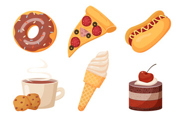 food set donut ice cream cone cake hot dog pizza slice and cup of coffee with cookies
