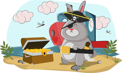 Cute bunny pirate found a chest of gold and admire it