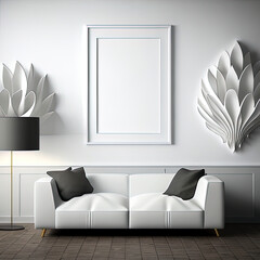 white modern living room mockup for wall art, white couch