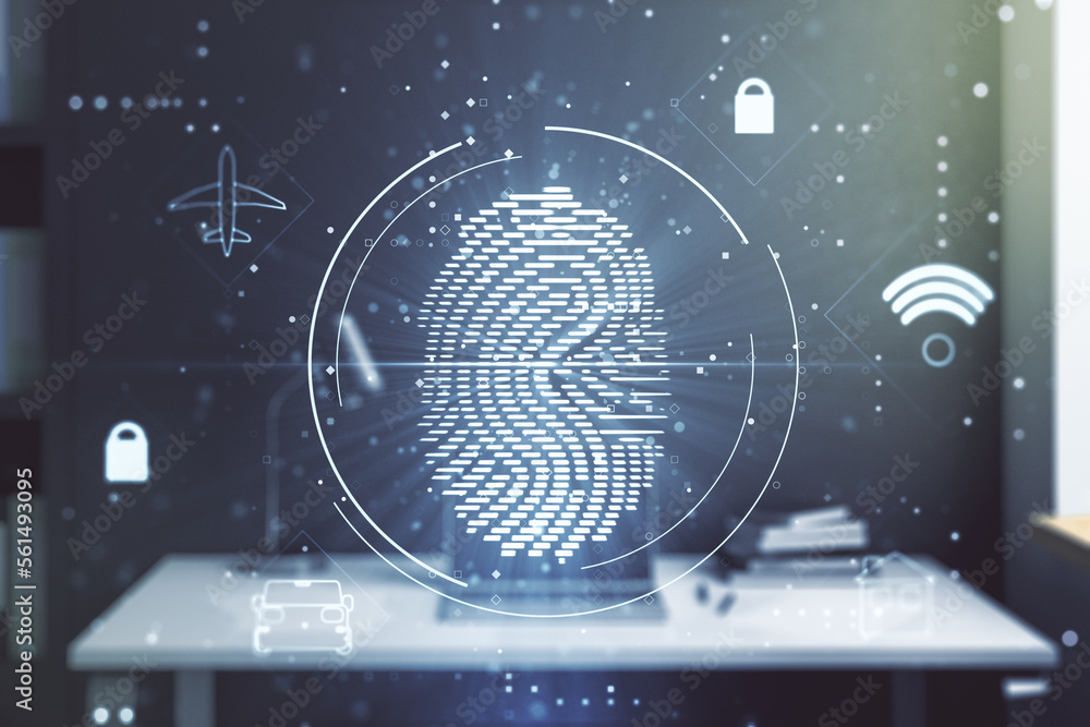 Aufkleber Abstract creative fingerprint concept and modern desktop with computer on background. Multiexposure