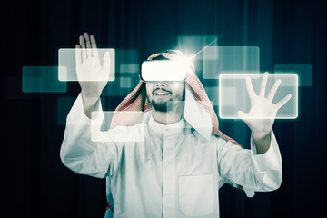 Beraded Arab man enjoying virtual reality glasses in modern design