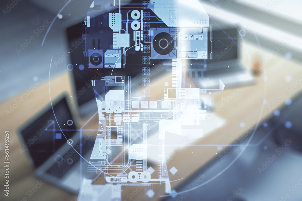 Poster double exposure of creative artificial intelligence symbol and modern desktop with laptop on backgro