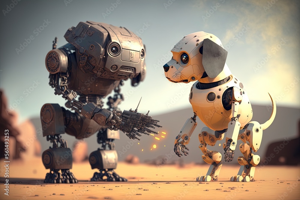 Poster cartoonish mecha canines and robot warriors. intelligent robots designed for combat generative ai