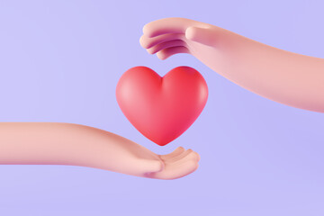 3d icon red heart in hand. cartoon arm holding gesture. hand give red heart. Realistic illustration of donation love or charity for appreciation social media isolated on purple background 3d rendering