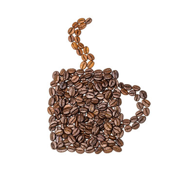 Coffee cup made from coffee beans on an isolated white background. Coffee mug with steam from coffee beans