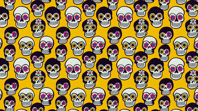 Sugar Skull Day of The Dead Seamless Tile Pattern Illustration for Printing Pajamas, shirts, t-shirts