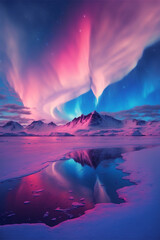 Pink and purple aurora borealis over glacier Generative AI