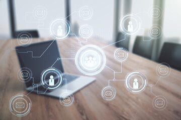 Social network concept with modern laptop on background. Multiexposure