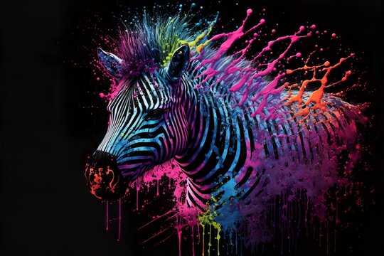 Painted animal with paint splash painting technique on colorful background zebra