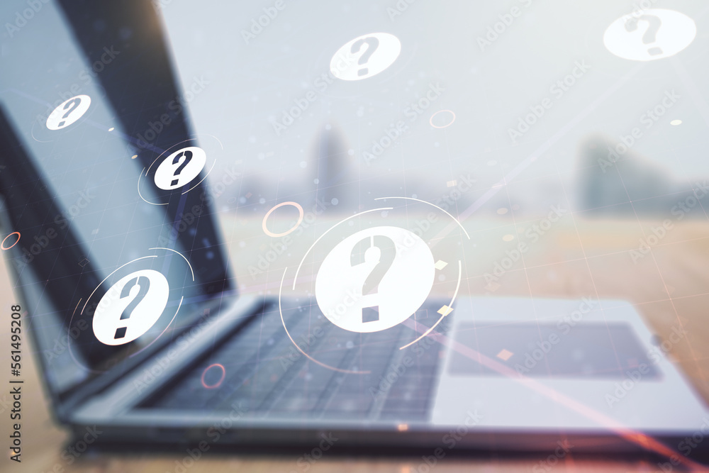 Aufkleber creative abstract question mark sketch on modern laptop background, faq and research concept. double