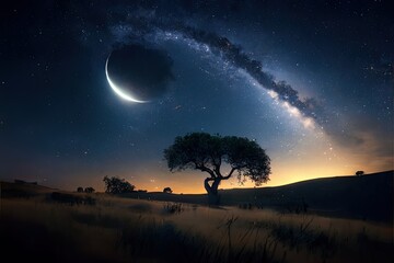 Fototapeta na wymiar A clear night sky twinkling with stars, a moon and a lonely tree stands in the foreground