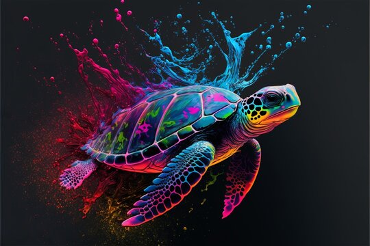 Painted animal with paint splash painting technique on colorful background turtle