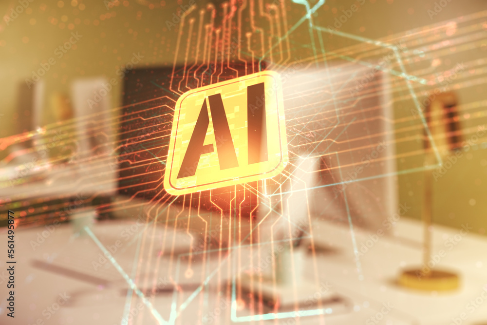 Poster double exposure of creative artificial intelligence icon with modern laptop on background. neural ne
