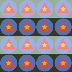 Color abstract geometric pattern with circle, square, triangle and star. Seamless background in the style of the flag of North Korea.