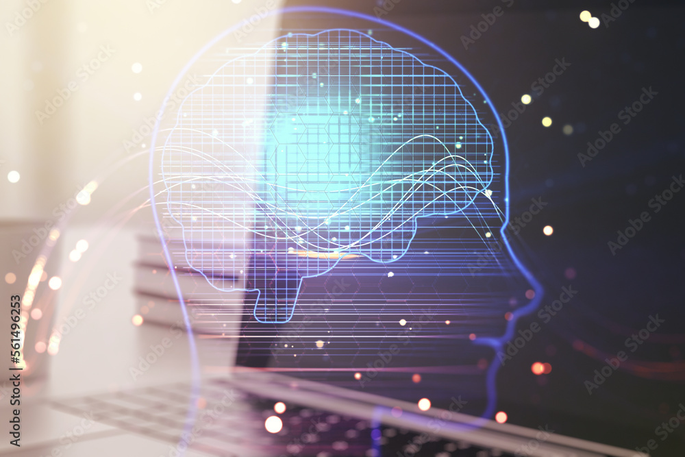 Poster double exposure of creative human head microcircuit with computer on background. future technology a
