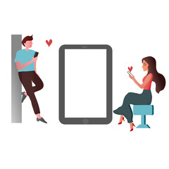 Woman and man use mobile phone to send love messages on Valentine's Day. Transparent Background.