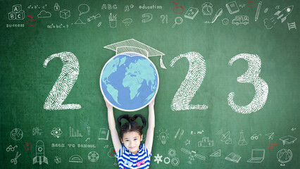 2023 new educational academic calendar year for school class with student kid raising world global planet on teacher's green chalkboard for back to school celebration, classroom schedule concept