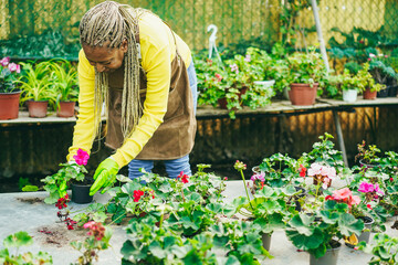 Fototapeta premium African woman preparing flowers plants inside nursery garden - Focus on face