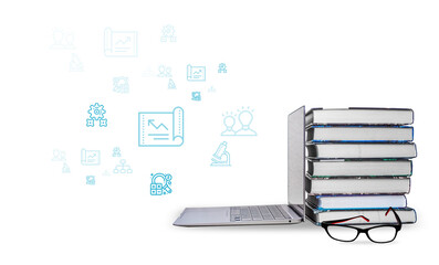 Stack of knick, open computer and insulated glasses. The concept of education. online learning, Icons as a symbol of knowledge . Copy space