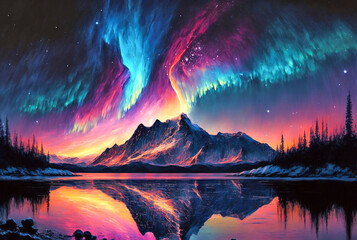 Northern landscape, aurora borealis, snow-capped mountains on the shore of the laket
