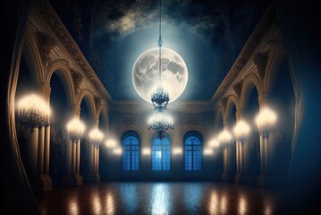 Illustration of a royal ballroom at night, complete with glittering chandelier and a full moon. Generative AI - obrazy, fototapety, plakaty