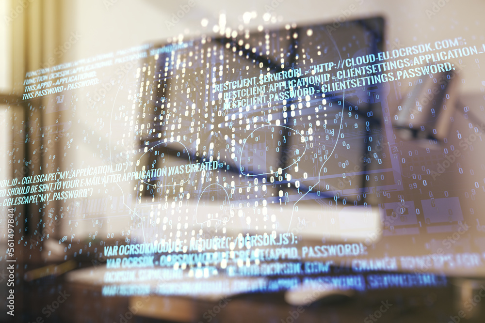 Poster creative code skull hologram on modern computer background, cybercrime and hacking concept. multiexp