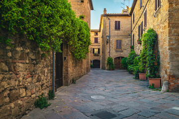 Fototapeta na wymiar Old stone houses decorated with jasmine and green plants, Italy