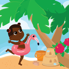 A happy girl runs in an inflatable ring on the seashore near palm trees, blooming hibiscus and a sand castle. The child is cheerful. Cartoon illustration of sea shore and sand castle.