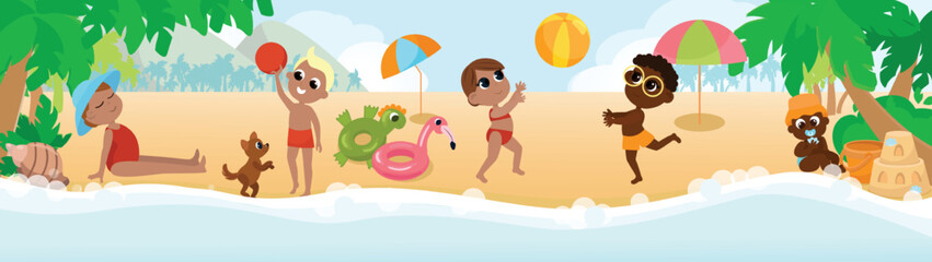 A multicultural group of children playing on the seashore with a ball, with a dog, building sandcastles, sunbathing and having fun. Children are happy and cheerful. Horizontal banner in cartoon style.