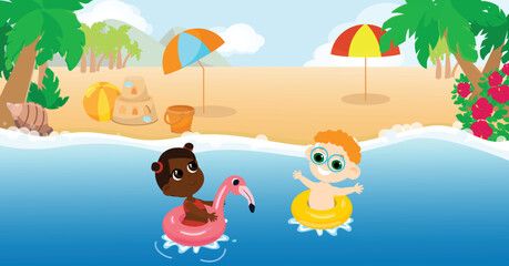 Multicultural children boy and girl play in the water on the beach in inflatable circles and on a water scooter. Children are happy and cheerful. Horizontal banner in cartoon style.